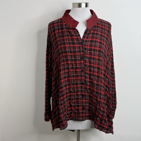 Kedem Sasson Top Women's One Size Red Plaid Button Up Tunic Oversized Lagenlook - Picture 1 of 14